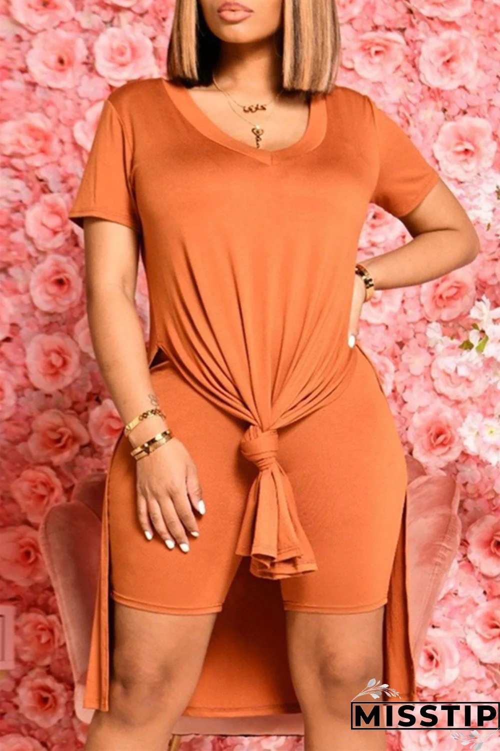 Pink Fashion Casual Solid Slit V Neck Short Sleeve Two Pieces