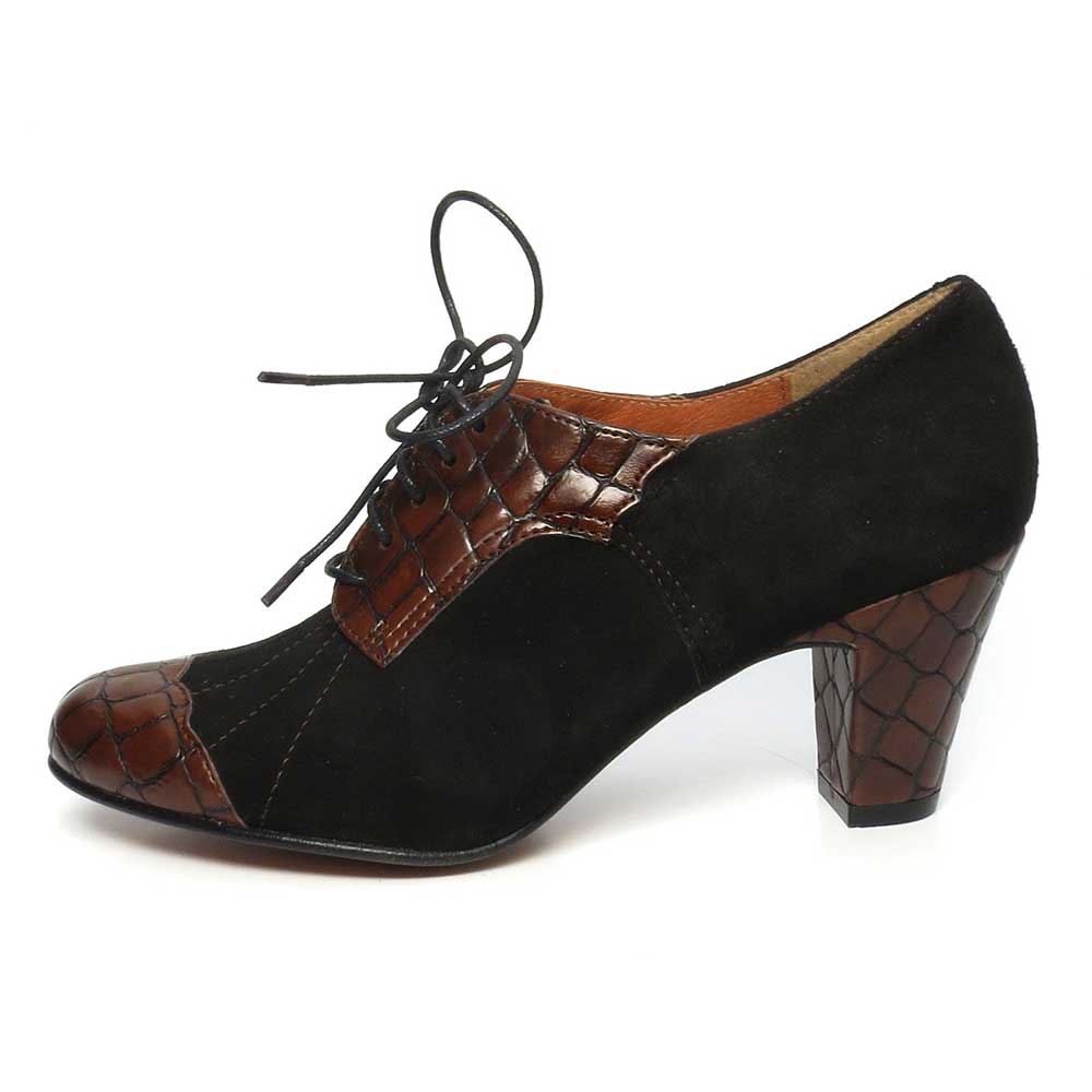 Brown & Black Round Toe Block Heel Lace-Up Vintage Oxford Heels Nicepairs