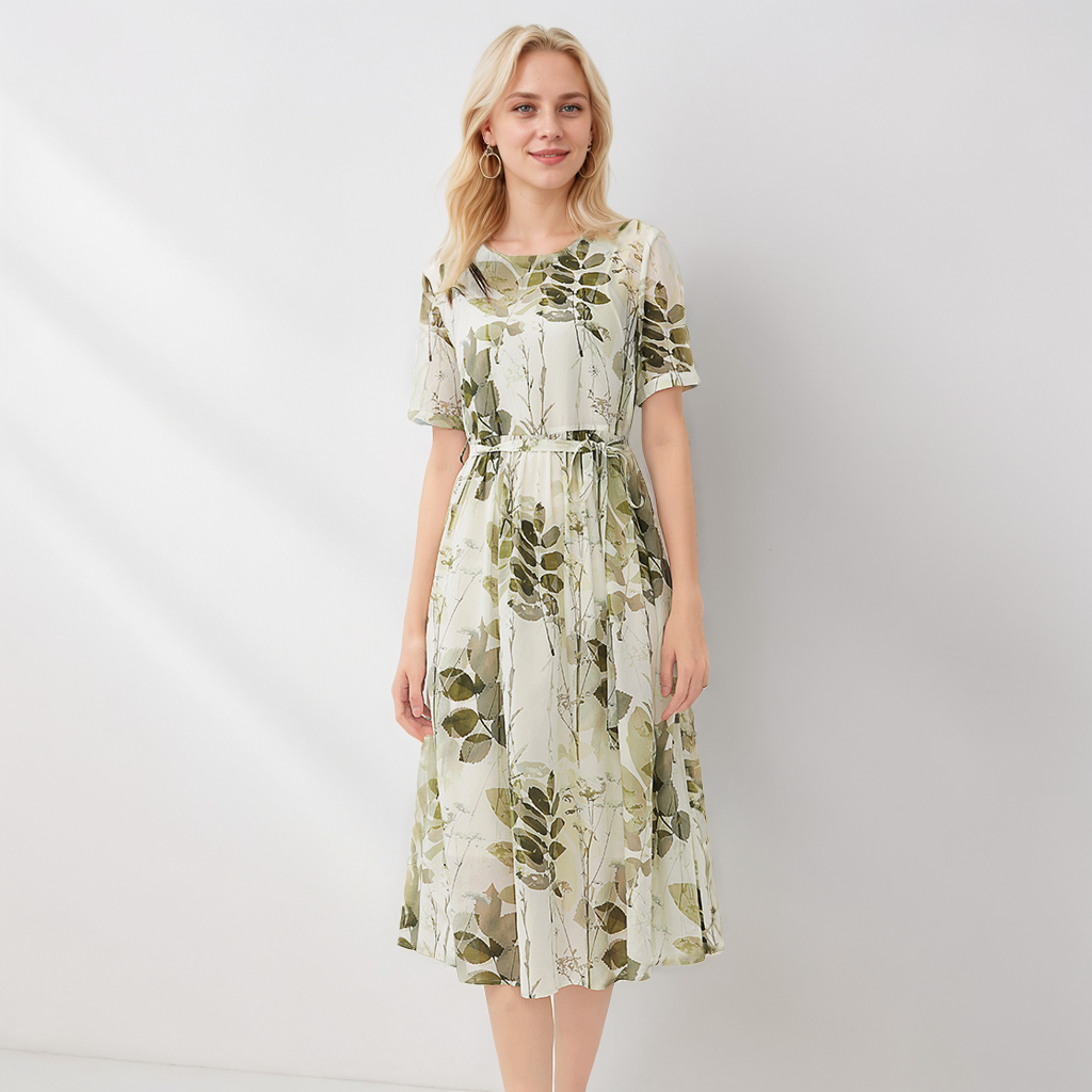 Gentle-style Silk Dress with Leaf Prints for Daily Elegance REAL SILK LIFE
