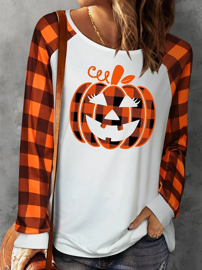 Pumpkin Demon Print Long Sleeve Plaid Round Neck Casual Sweatshirts