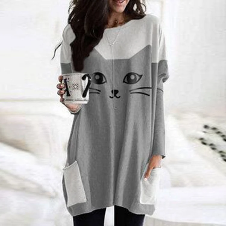 Wearshes Cat Print Long Sleeve Casual Pocket Tunic