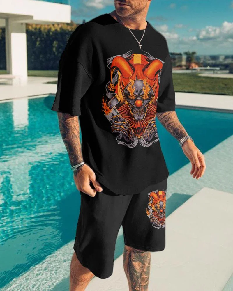 Men's Holiday Red Skull Print Shorts Suit