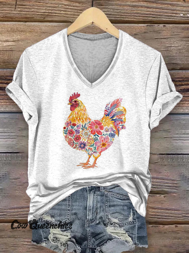 Funny Chicken Art Print Short Sleeve V-neck Casual T-Shirt Multicolor / S