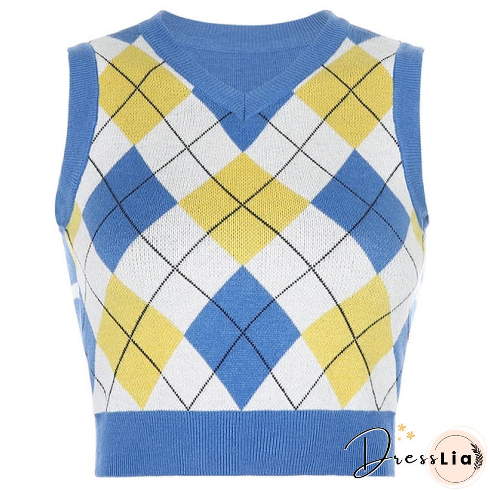 V Neck Vintage Argyle Sweater Vest Women Black Sleeveless Plaid Knitted Crop Sweaters Casual Autumn Preppy Style tops