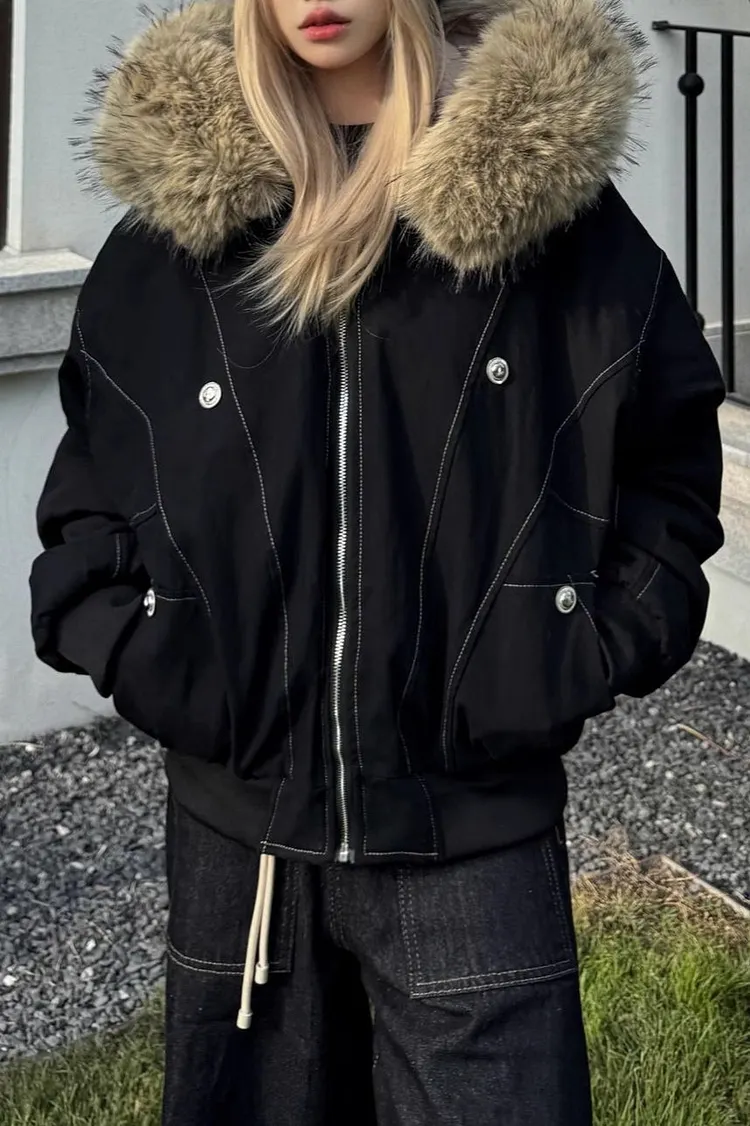 Black Short Puffer Fur Collar Jacket