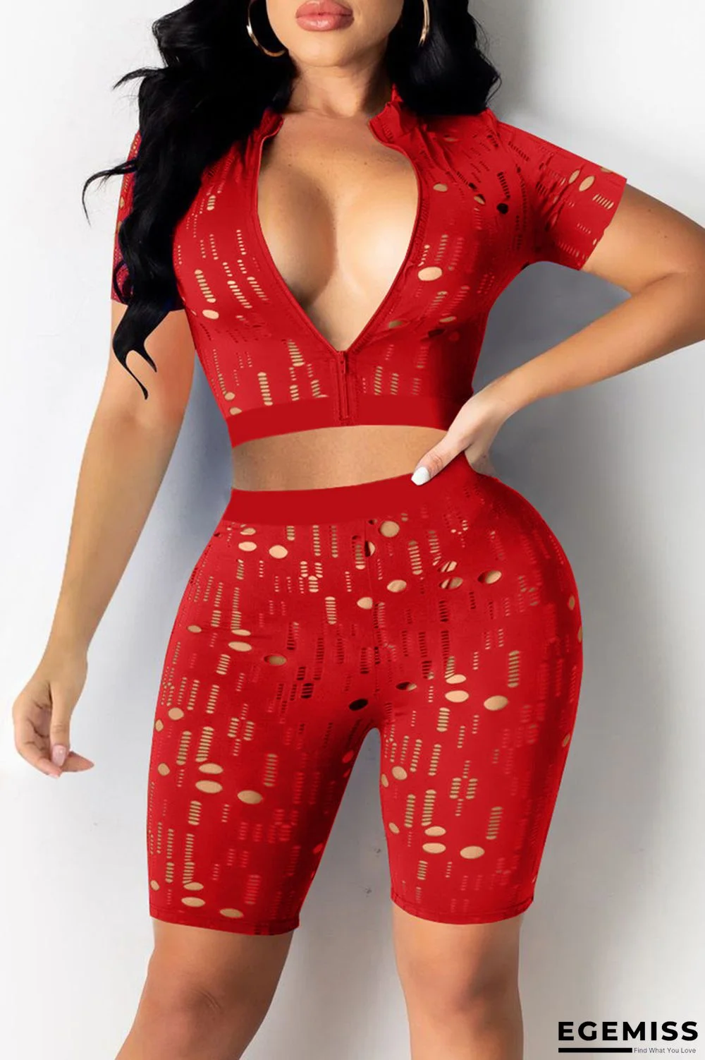 Red Fashion Sexy Solid Ripped Hollowed Out Short Sleeve Two Pieces | EGEMISS