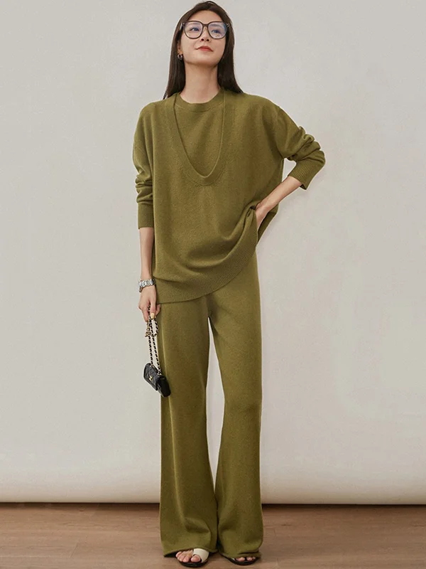 Urban Loose Solid Round-Neck Vest Top& V-Neck Sweater Tops& Wide Leg Pants Three-Piece Set