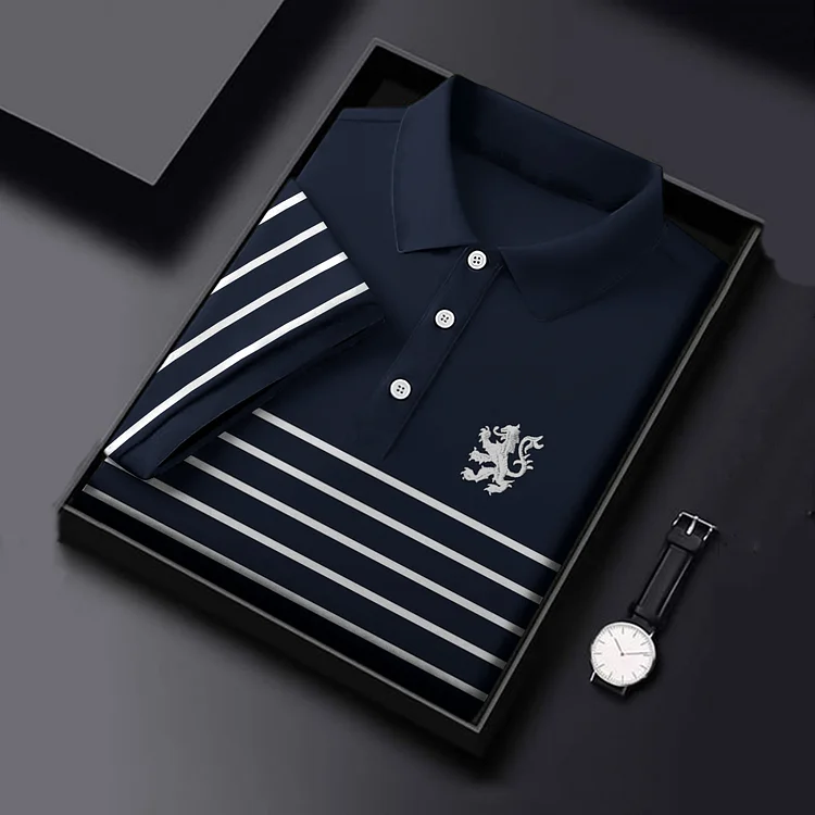 Men's Scotland Lion Embroidery Print Stripe Polo Shirt