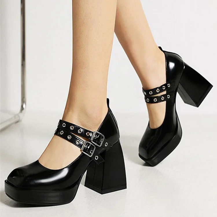 Round Toe Platform Mary Jane Shoes Women's Straps Block Heels |FSJ Shoes