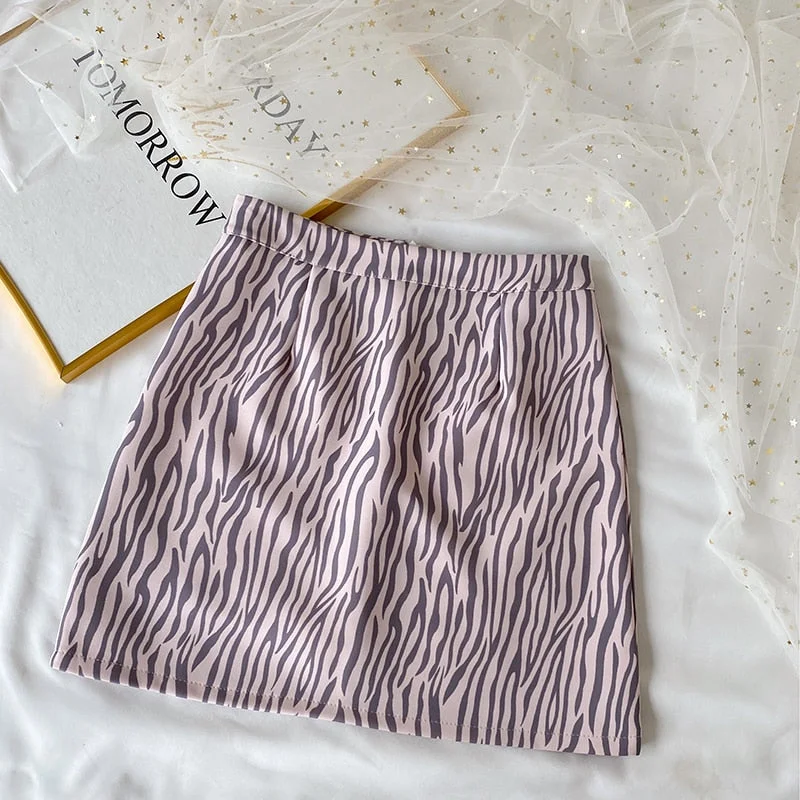 Zoki Elegant Leopard Women Mini Skirt High Waist A Line Zebra Striped Fashion Korean Slim A Line Zipper Mujer Faldas New 2021