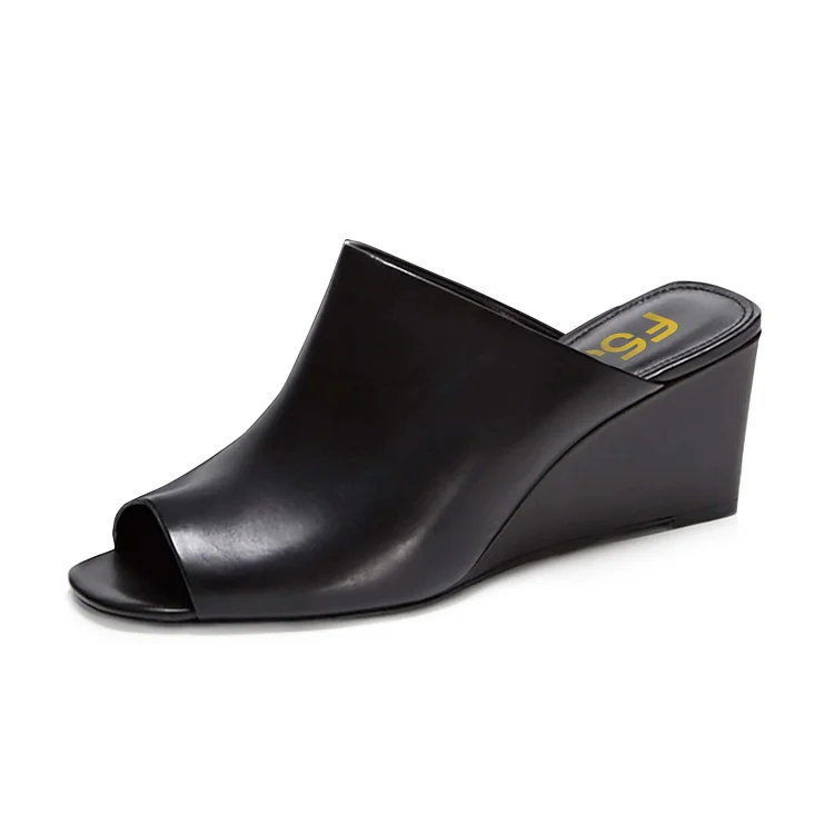 Black Peep Toe 3 Inch Heels Wedge Mules Summer Sandals by FSJ |FSJ Shoes