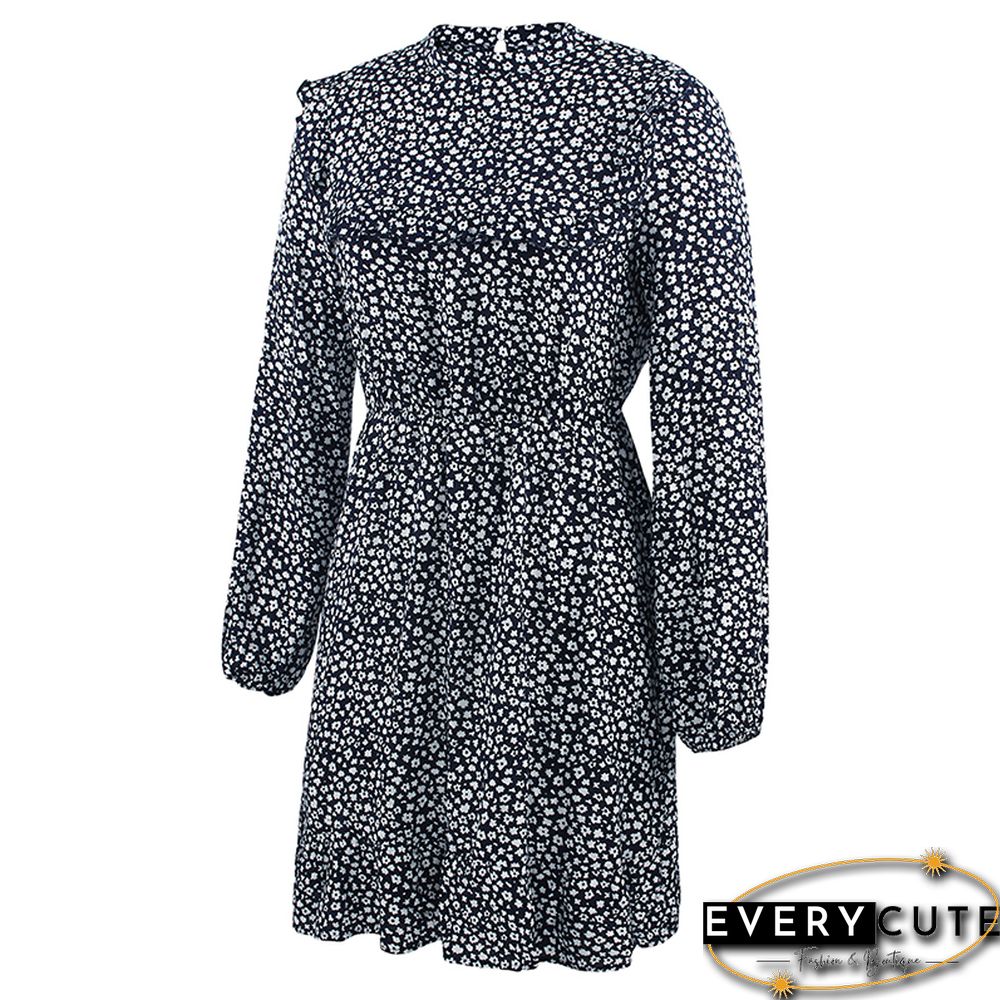 Navy Blue Ruffles Hem Long Sleeve Floral Dress