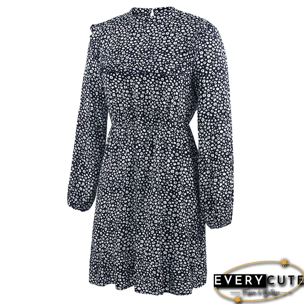 Navy Blue Ruffles Hem Long Sleeve Floral Dress