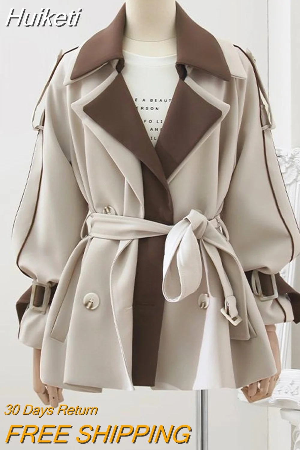 Huiketi Casual Trench Coat For Women Spring Autumn Contrast Double Collar Long Sleeve Belt Double-breasted Windbreaker Jacket