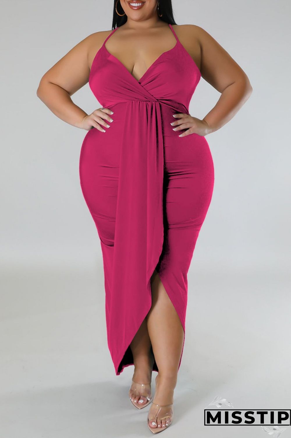 Purple Sexy Solid Patchwork Backless V Neck Sling Dress Plus Size Dresses