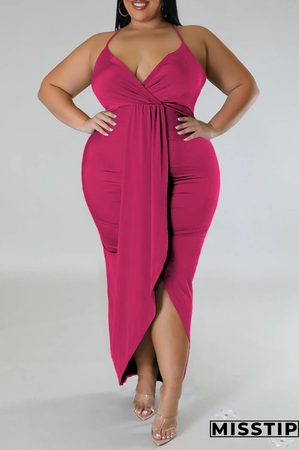 Purple Sexy Solid Patchwork Backless V Neck Sling Dress Plus Size Dresses
