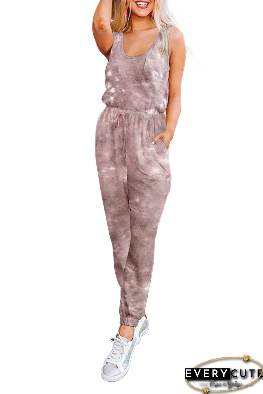 Red Tie Dye Drawstring Jogging Jumpsuit