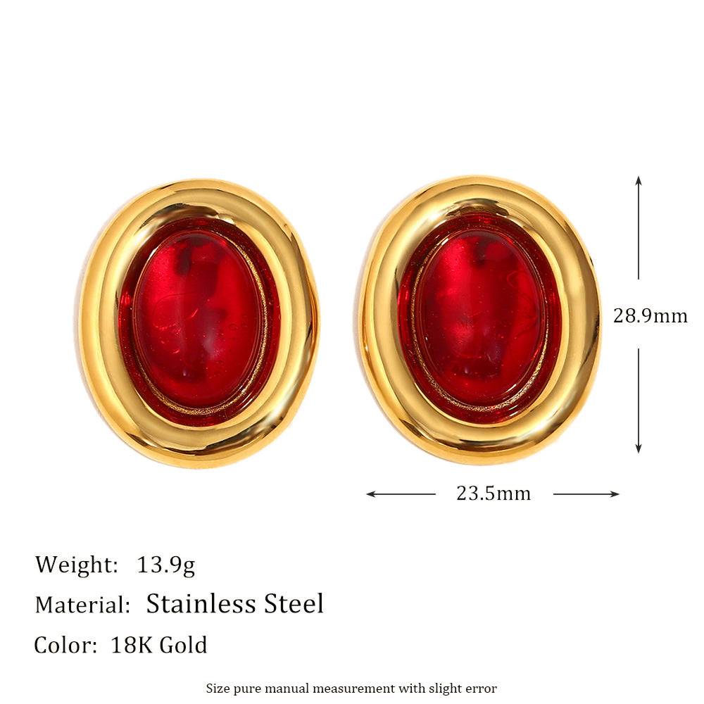 French Retro Geometric Red Agate Earrings Stainless Steel Plated 18K Gold Eye Fold Earrings