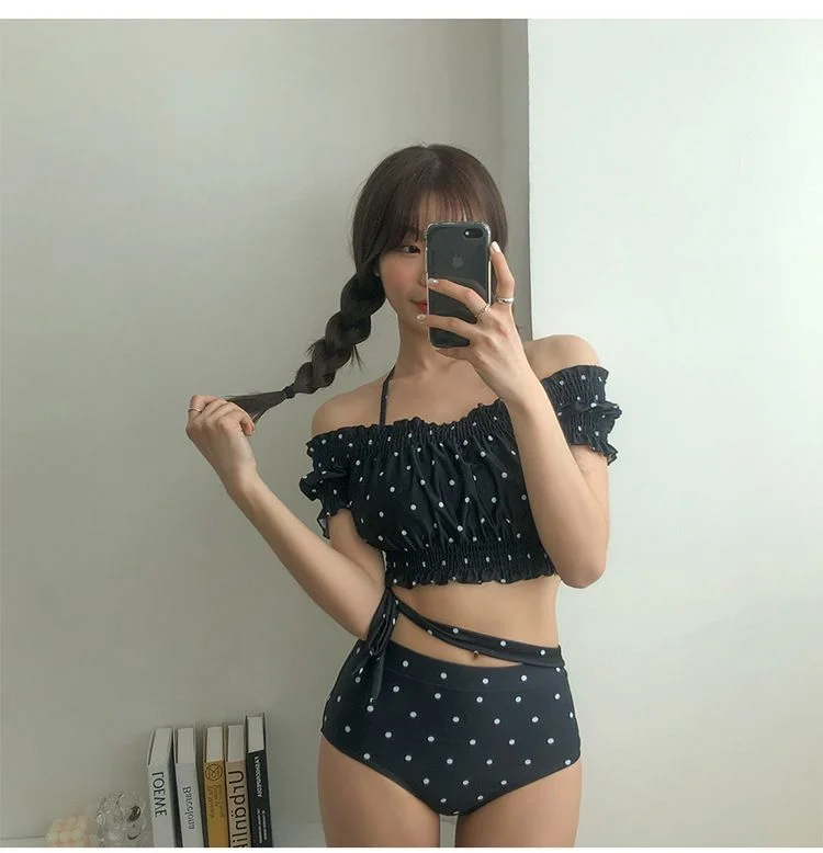 Kawaii Cold-Shoulder Dotted Tankini YP1077