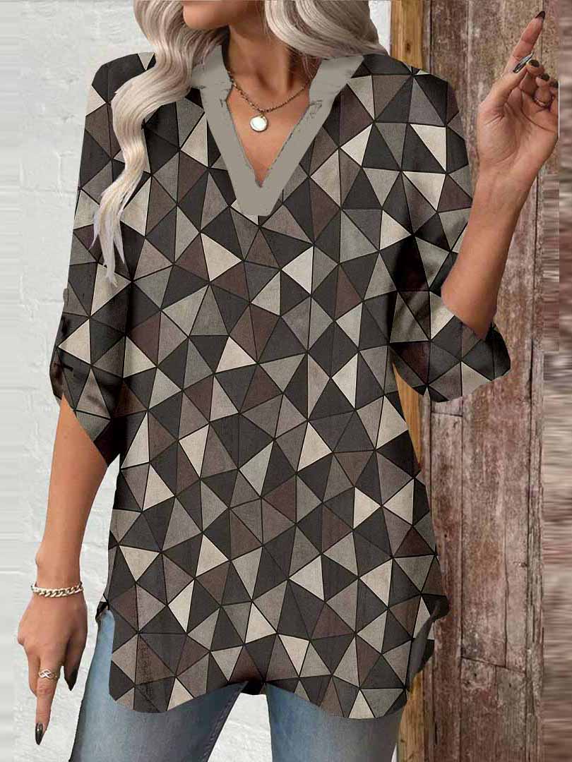 Women Geometric, Black DZGA0392 3/4 Sleeve V-neck Printed Graphic Button Tops