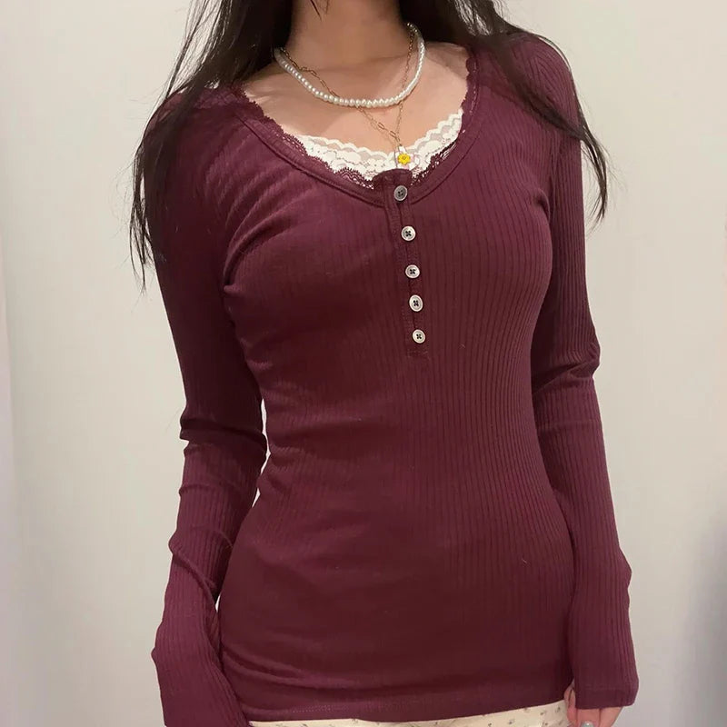 Aiertu FALL OUTFITS Y2K Button-up Knitted Top Red New Year Christmas Coquette Aesthetic Slim-fit T-shirts Sweet Cute Knitwear Festival Tees Aiertu