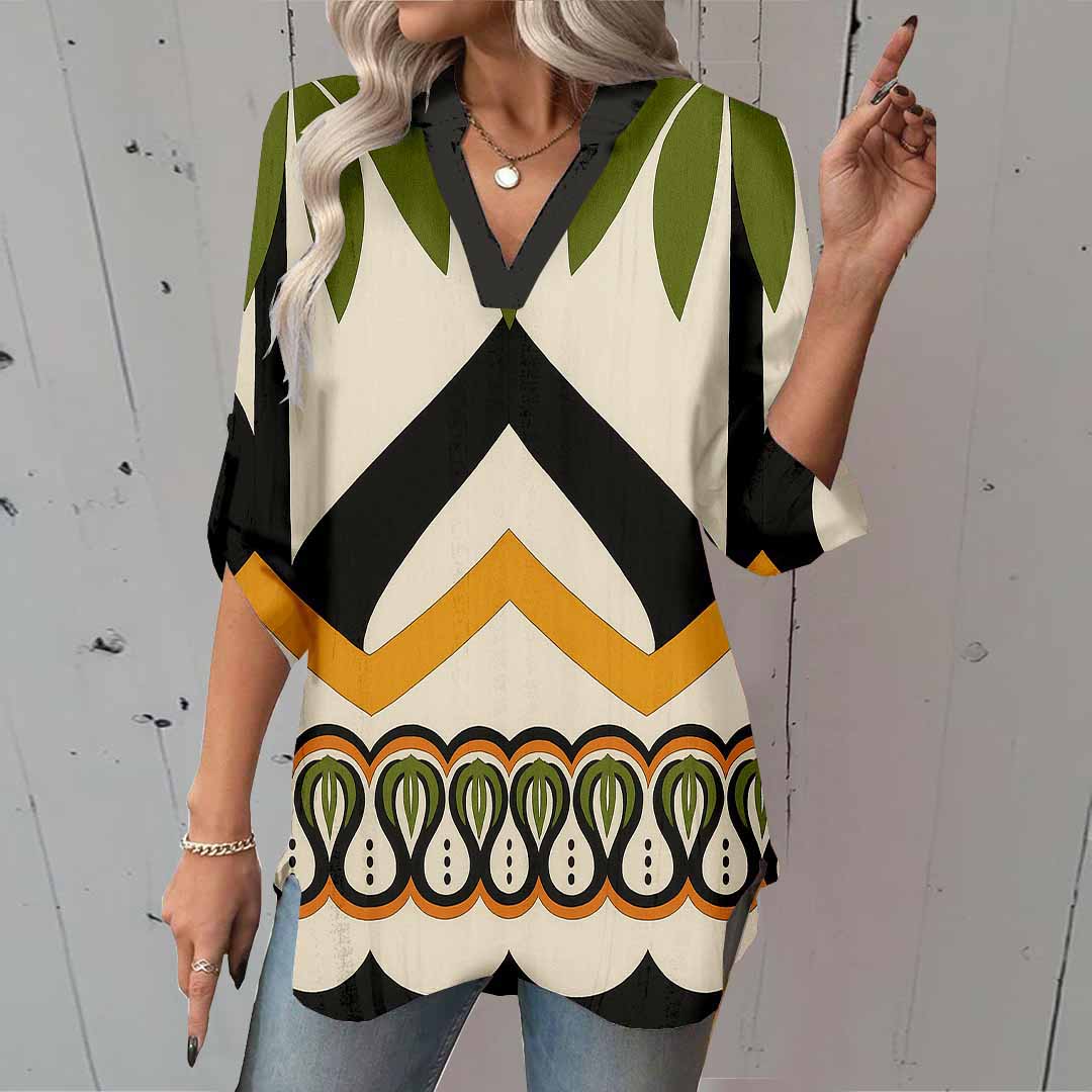 Women Tropical, Black, Green DZGA0123 3/4 Sleeve V-neck Printed Graphic Button Tops