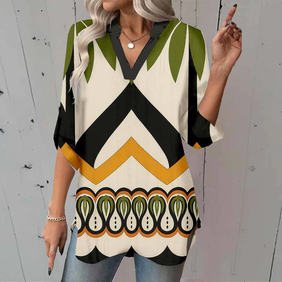 Women Tropical, Black, Green DZGA0123 3/4 Sleeve V-neck Printed Graphic Button Tops