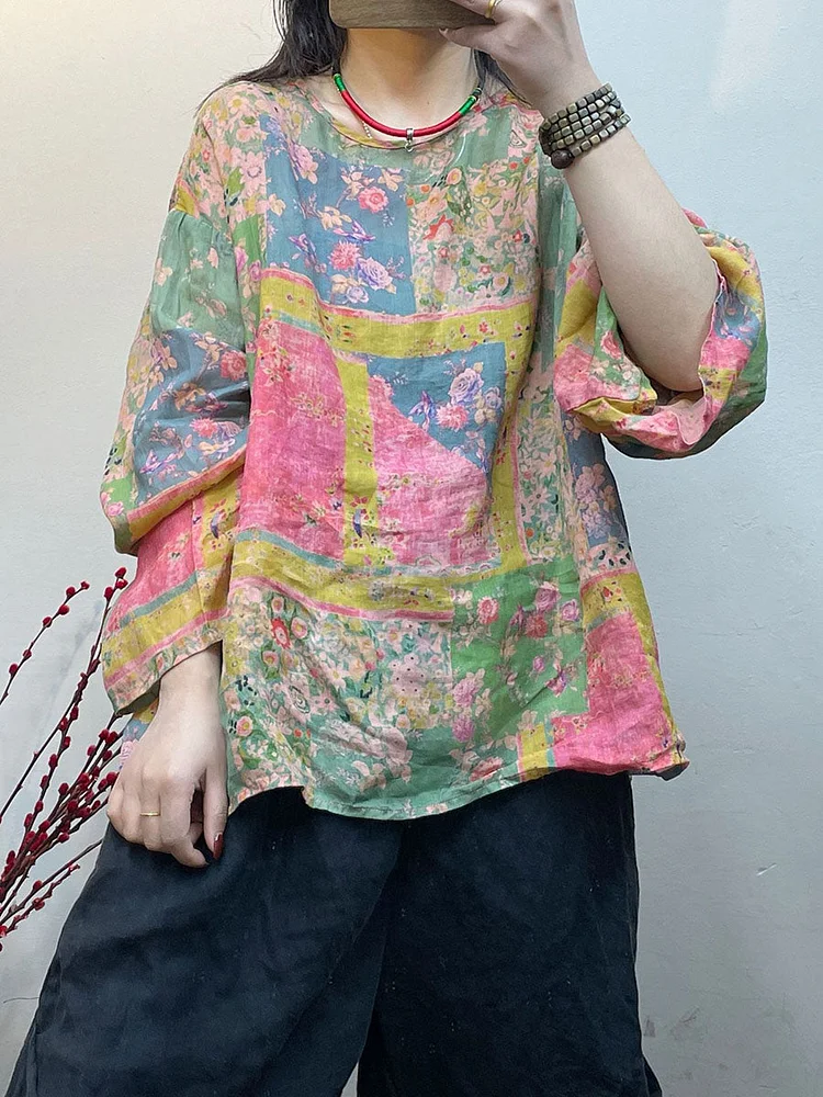 Plus Size Women Spring Vintage Floral Print Loose Thin Shirt