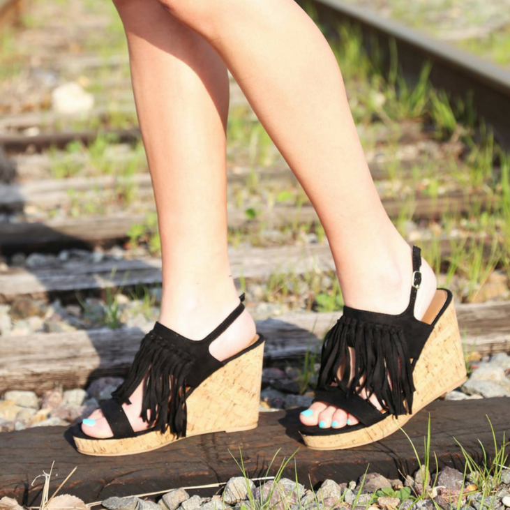 Black Wedge Heels Fringe Slingback Open Toe Platform Sandals |FSJ Shoes