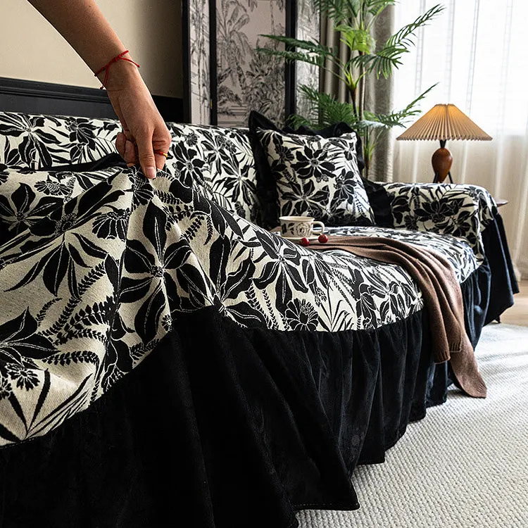 Romantic Allover-Print Sofa Cover with Ruffled Skirt