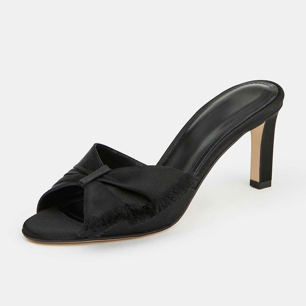 Black Satin Pleated Frayed-Edge Chunky Heel Mules Shoes for Women Nicepairs