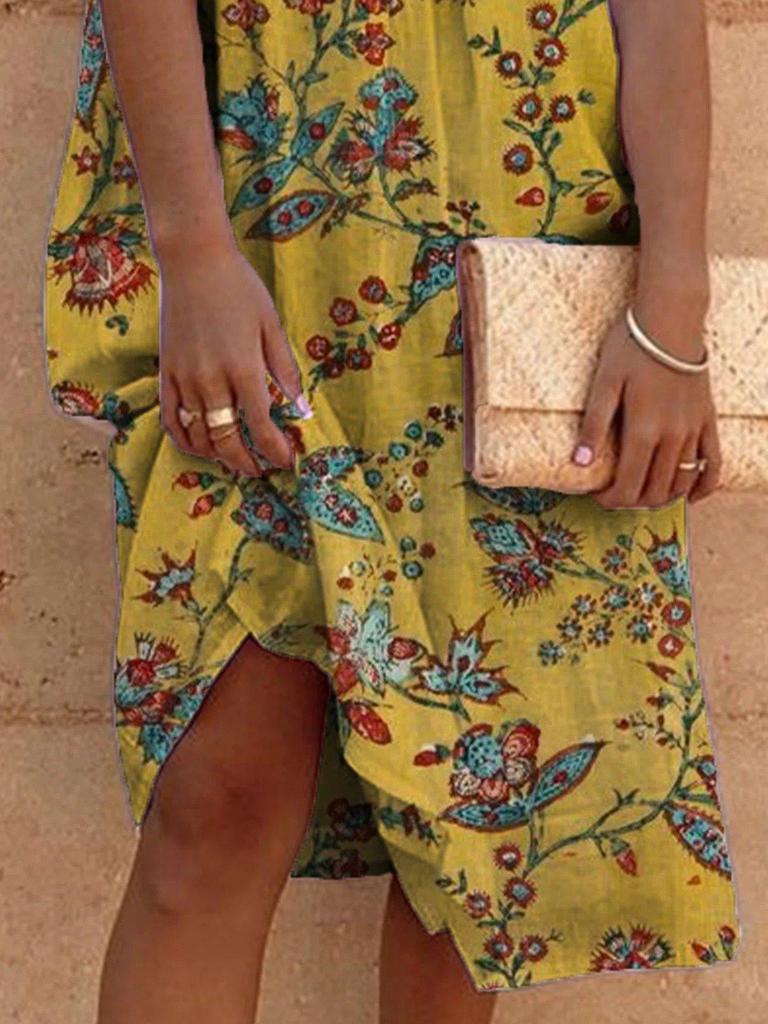 Elegant Print V-Neck Midi Dress-vocosishoes