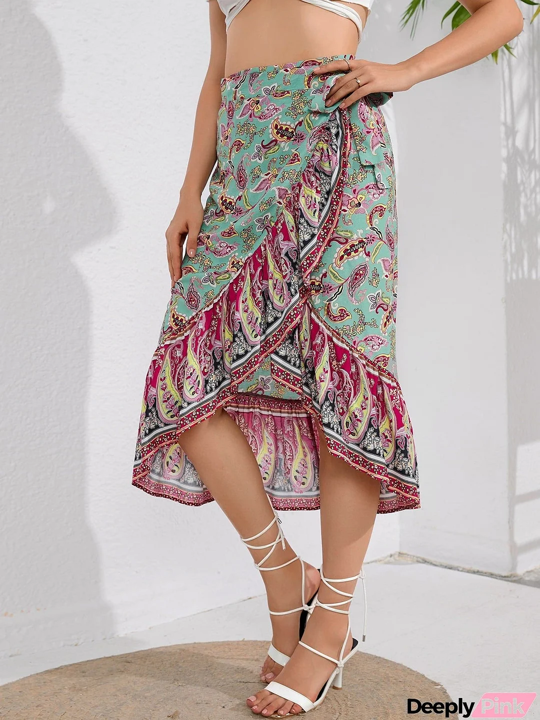 Tie Waistband Flounce Hem Midi Skirt
