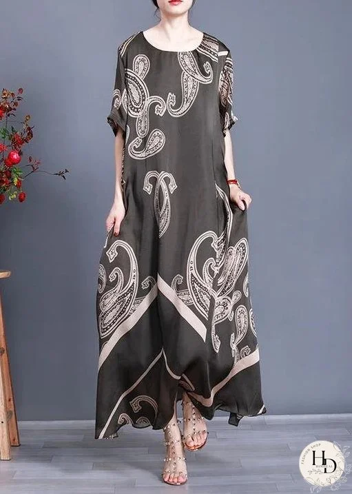 Women Tea Green Print Loose Silk Dress Summer