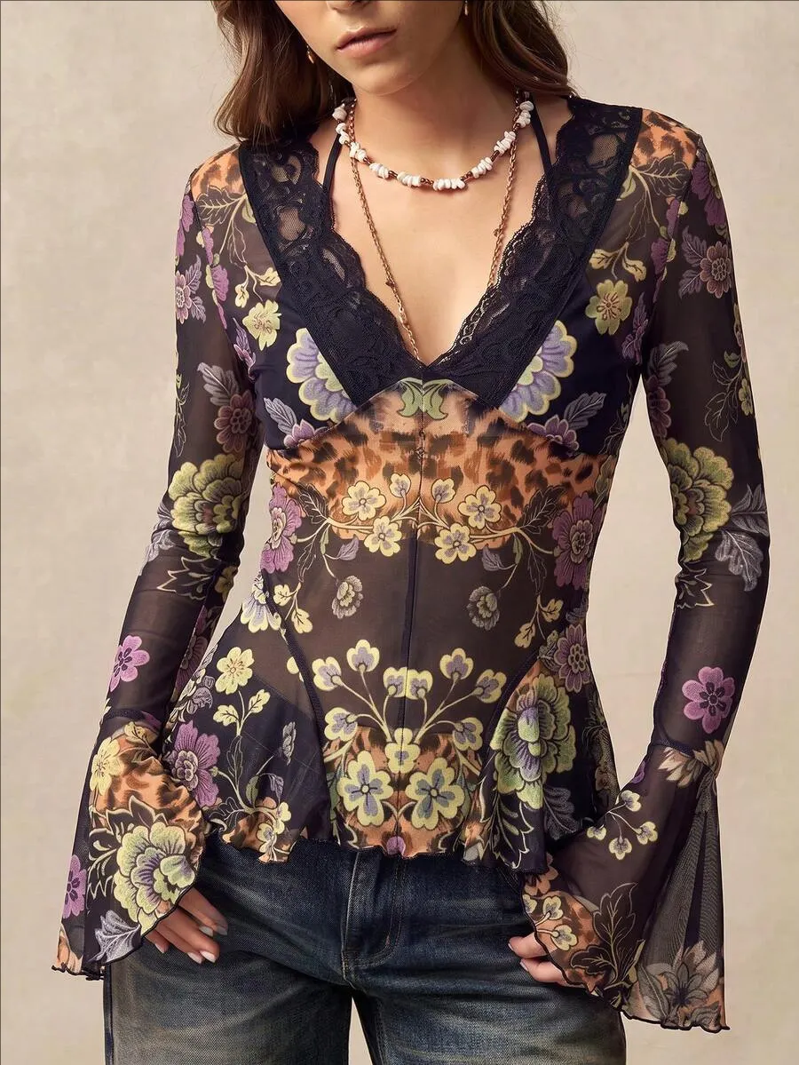 Women Floral Leopard Print Mesh Blouse