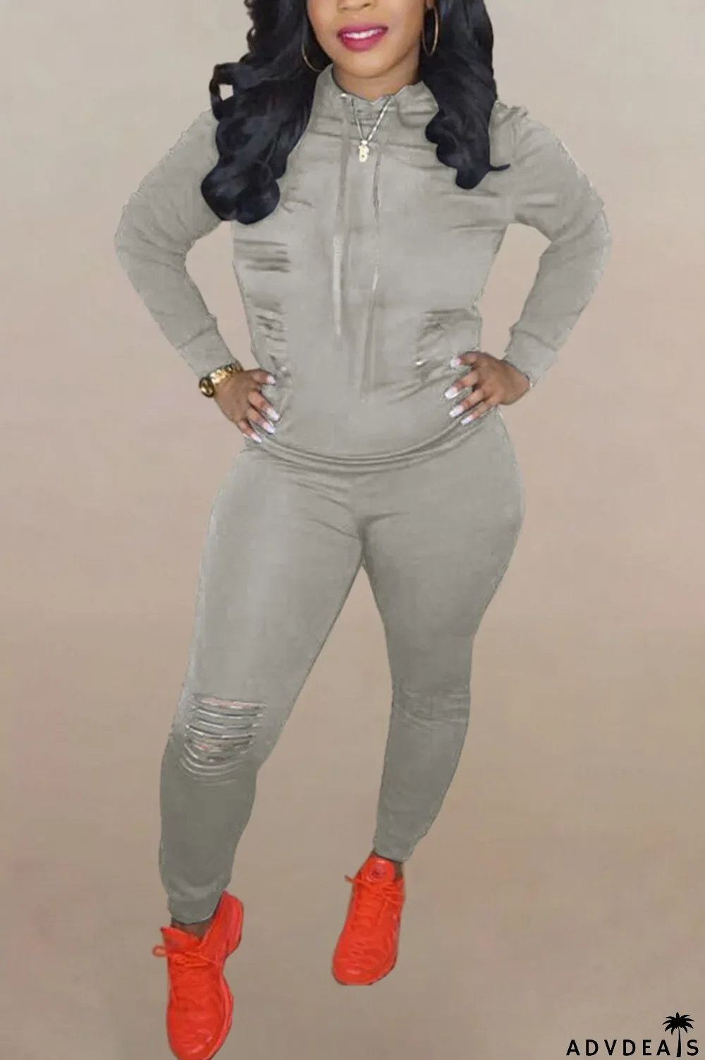 Brown Fashion Solid Ripped Hooded Collar Long Sleeve Two Pieces