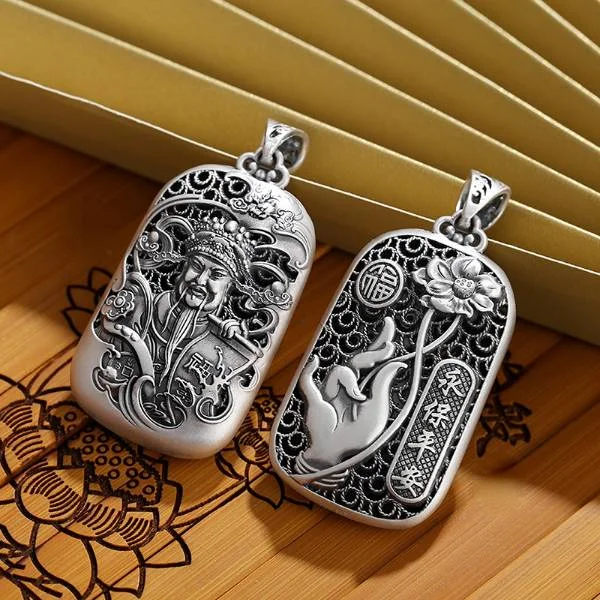 Sterling Silver Hand-carved God of Wealth Pendant Necklace