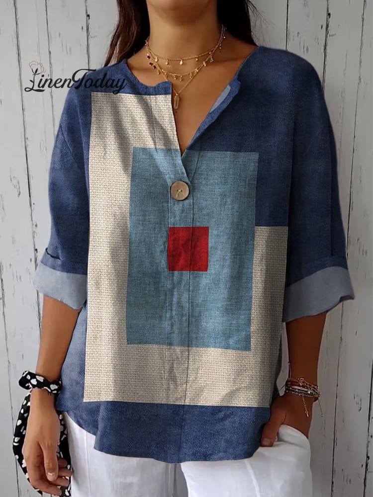 Women’s Denim Blue Geometry Casual Cotton Linen Shirt Multicolor / S