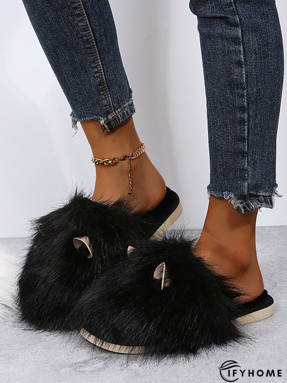 Cute Cat Ears Mohair Warm Fleece Indoor Slippers | IFYHOME