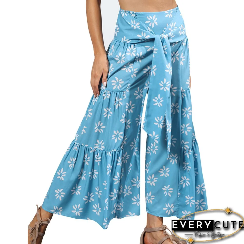 Blue Digital Print Cropped Wide Leg Boho Pants with Tie