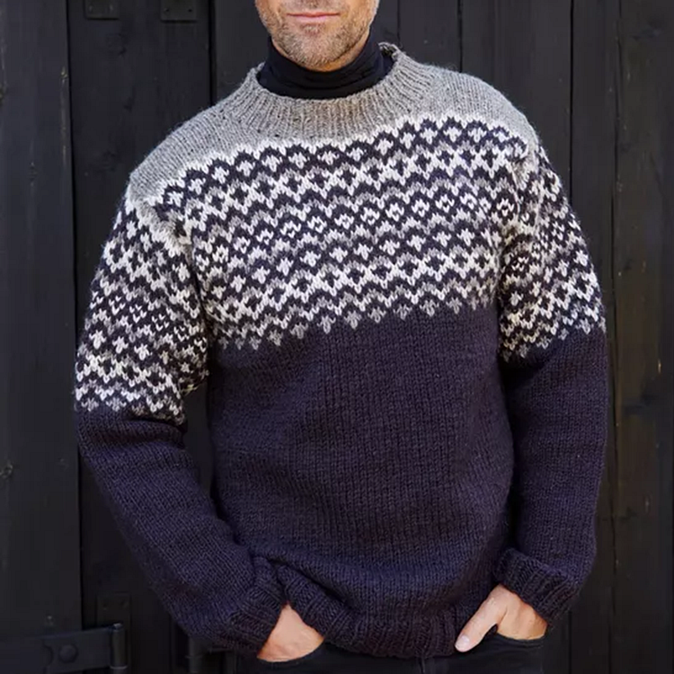 Comstylish Retro Warm Jacquard Iceland Contrast Color Crew Neck Sweater
