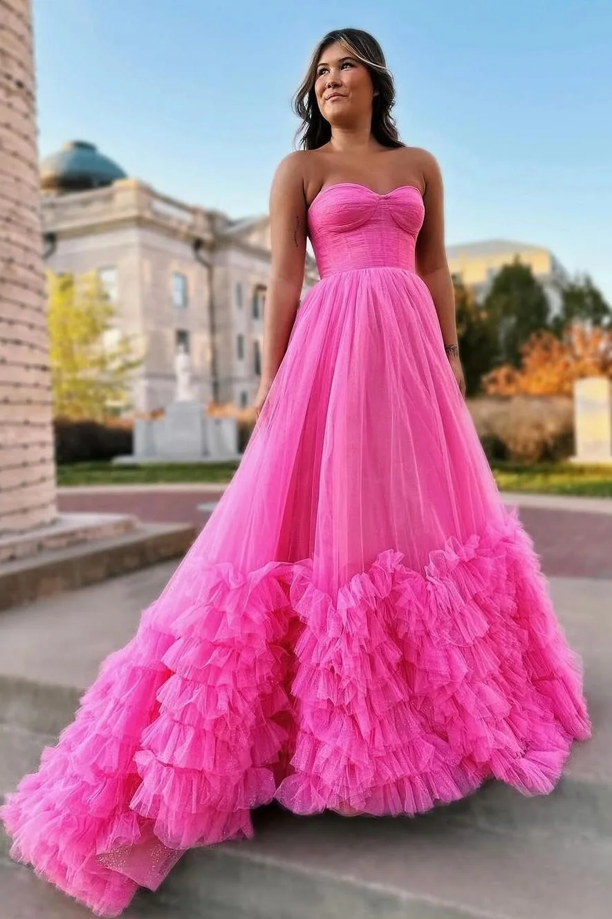 Miabel Stunning Fuchsia Tulle Strapless Sleeveless Sweetheart Long Prom Dress with Ruffles 