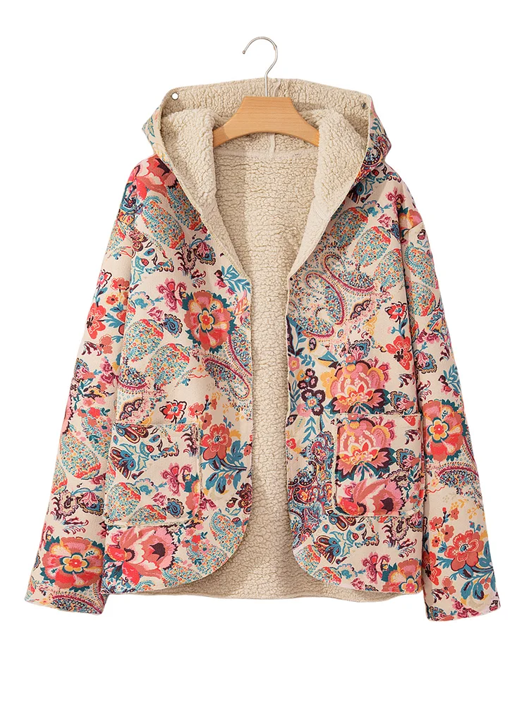 Women's Vintage Floral Print Fleece Warm Cardigan Coat Open Front with Hoode