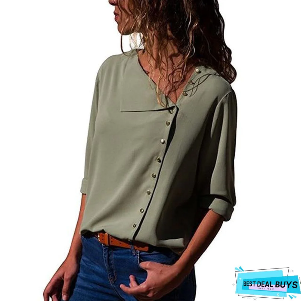 Women Chiffon Blouse Long Sleeve Skew Collar Solid Casual Tops Blouse