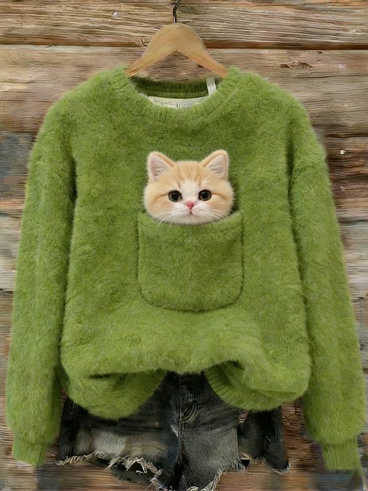 Pocket Cat Green Plush Turtleneck Sweatshirt wearshes