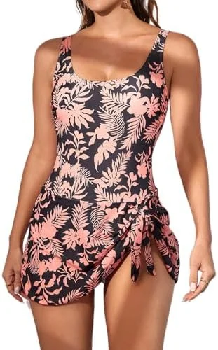 Women's Floral One Piece Swimdress Tummy Control Swimsuit 