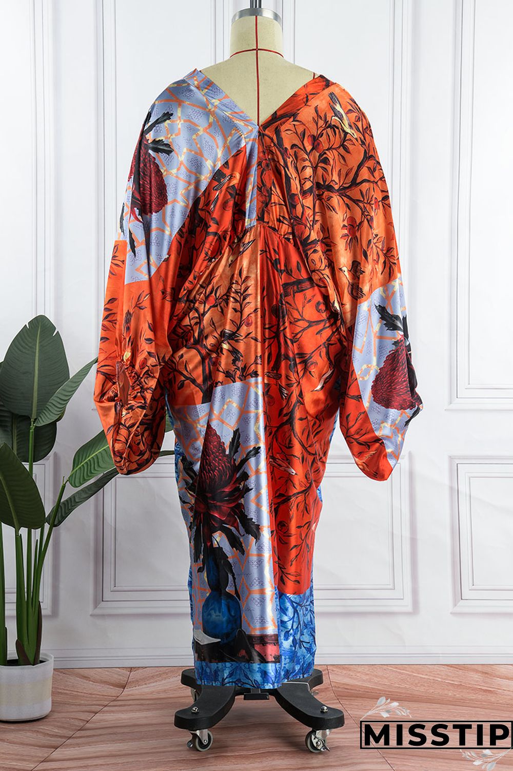 Red Gray Casual Print Patchwork V Neck Irregular Dress Plus Size Dresses