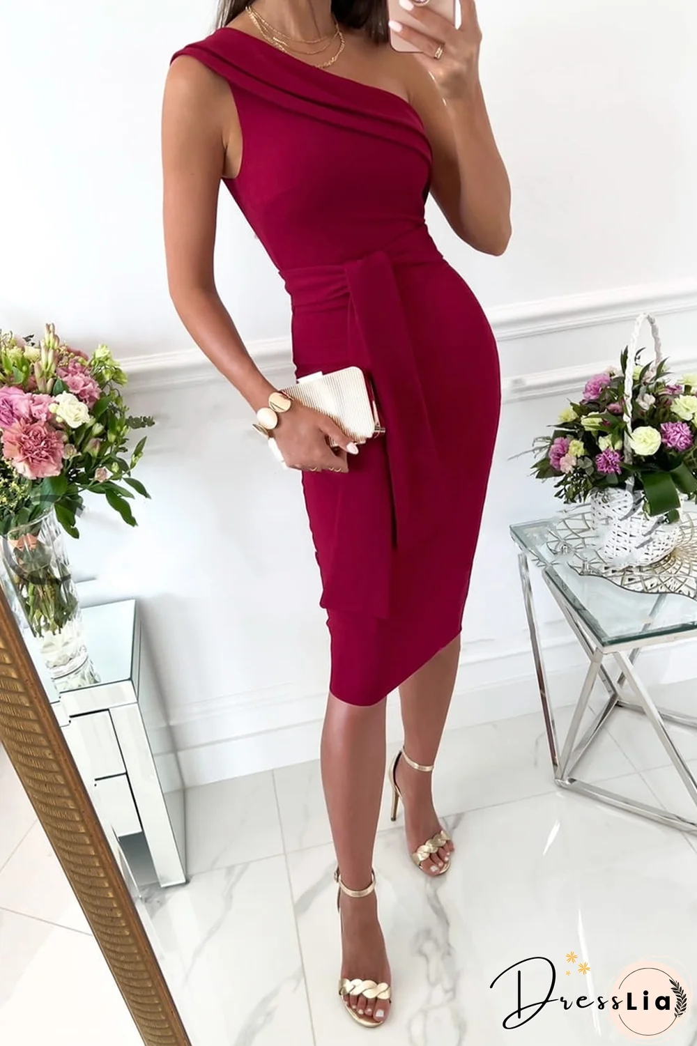Fashion Solid Bandage One Shoulder Pencil Skirt Dresses(5 colors)