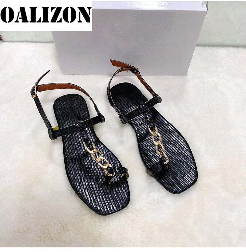 2021 Summer New Women's Chain Flip Flops Thong Sandals Shoes Woman Casual Buckle Strap Flat Slip On Toe Clip Sandals Shoes Femme