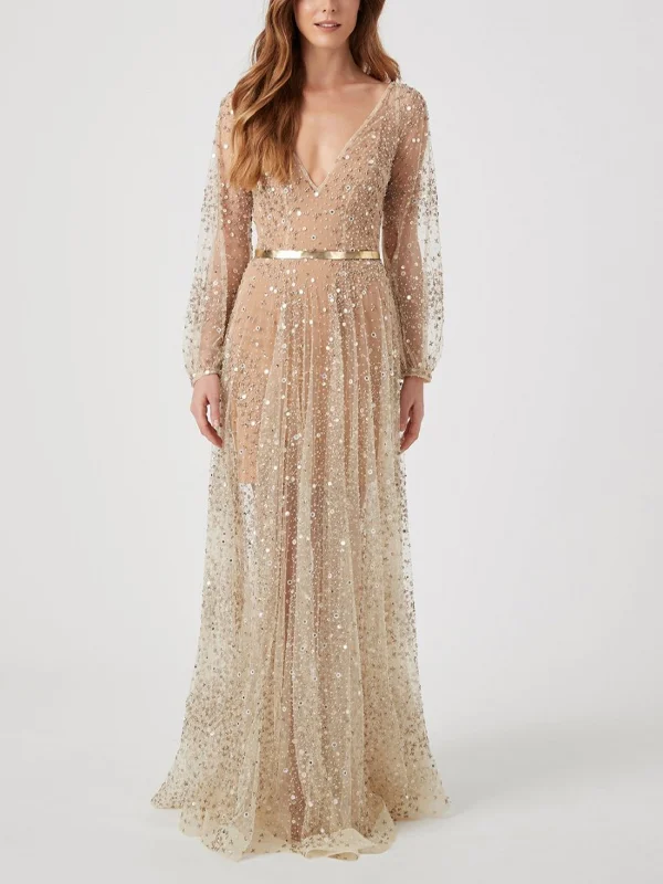 V-Neck Sequined Long Sleeves Maxi Dress